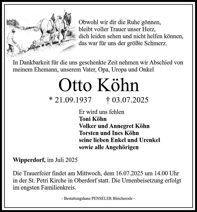 Traueranzeige Otto K&ouml;hn (Foto: Bestattungshaus PENSELER)