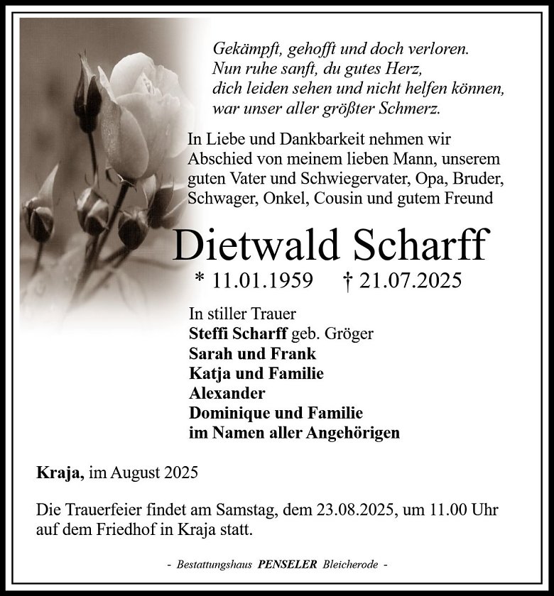 Traueranzeige Dietwald Scharf (Foto: Bestattungshaus PENSELER)