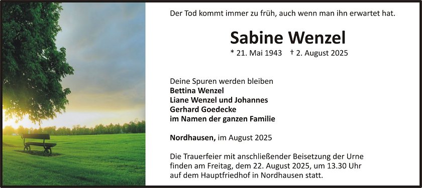 Traueranzeige Sabine Wenzel (Foto: H&Ouml;FER)