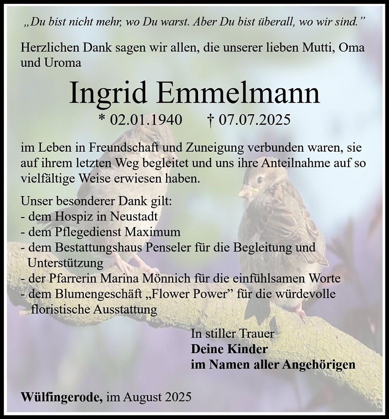Traueranzeige Ingrid Emmelmann (Foto: Bestattungshaus PENSELER)