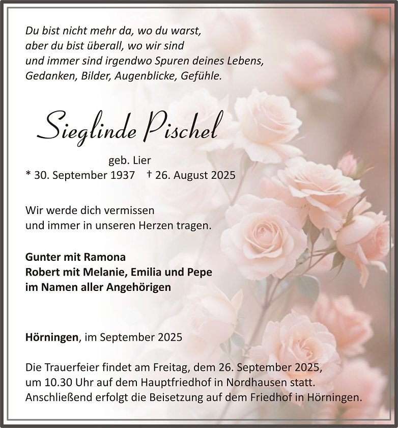 Traueranzeige Sieglinde Pischel (Foto: keine Angaben)