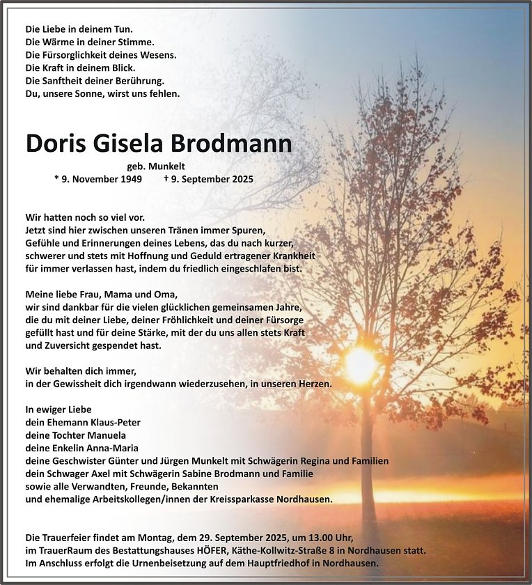 Traueranzeige Doris Gisela Brodmann (Foto: keine Angaben)