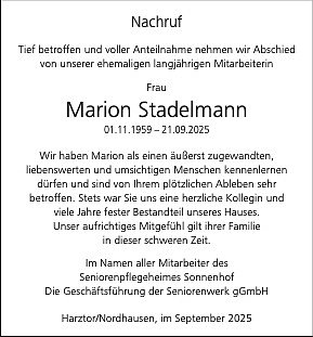 Anzeige Marion Stadelmann (Foto: Seniorenwerk Nordhausen)