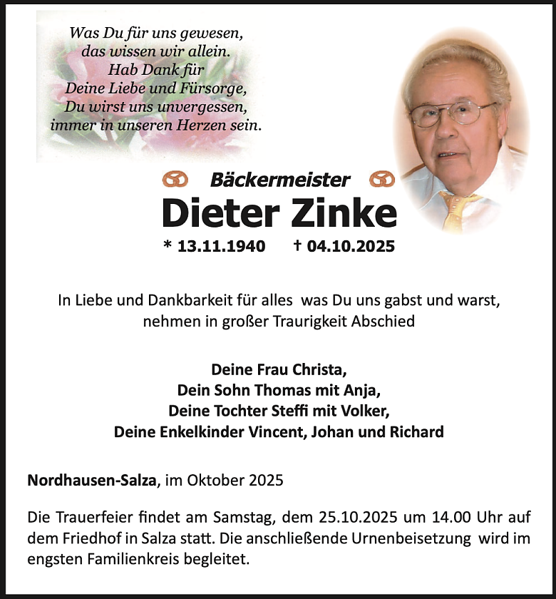 Traueranzeige Dieter Zinke (Foto: Steffi Kothe)