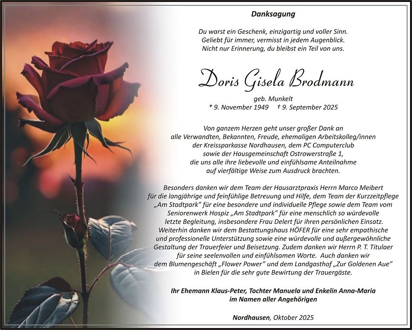 Dankanzeige Doris Gisela Brodmann (Foto: keine Angaben)