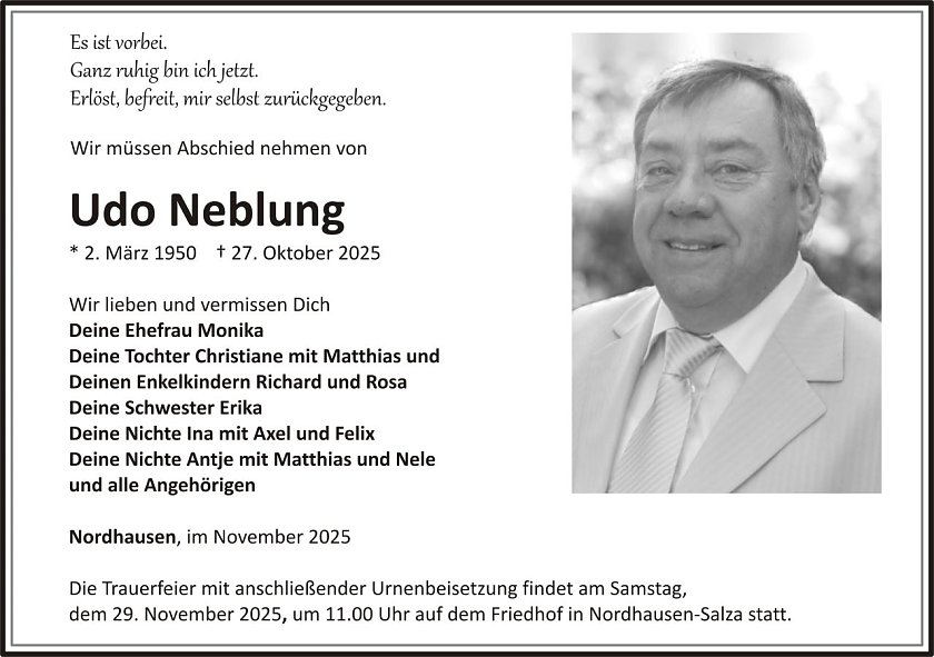 Traueranzeige Udo Neblung (Foto: keine Angaben)
