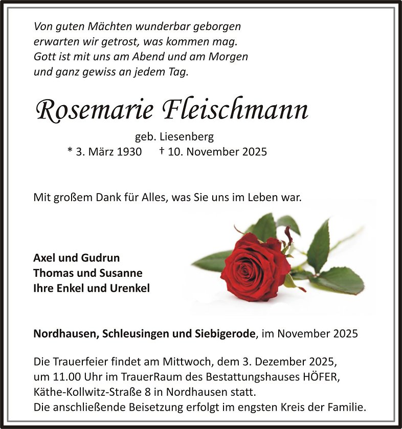 Traueranzeige Rosemarie Fleischmann (Foto: keine Angaben)