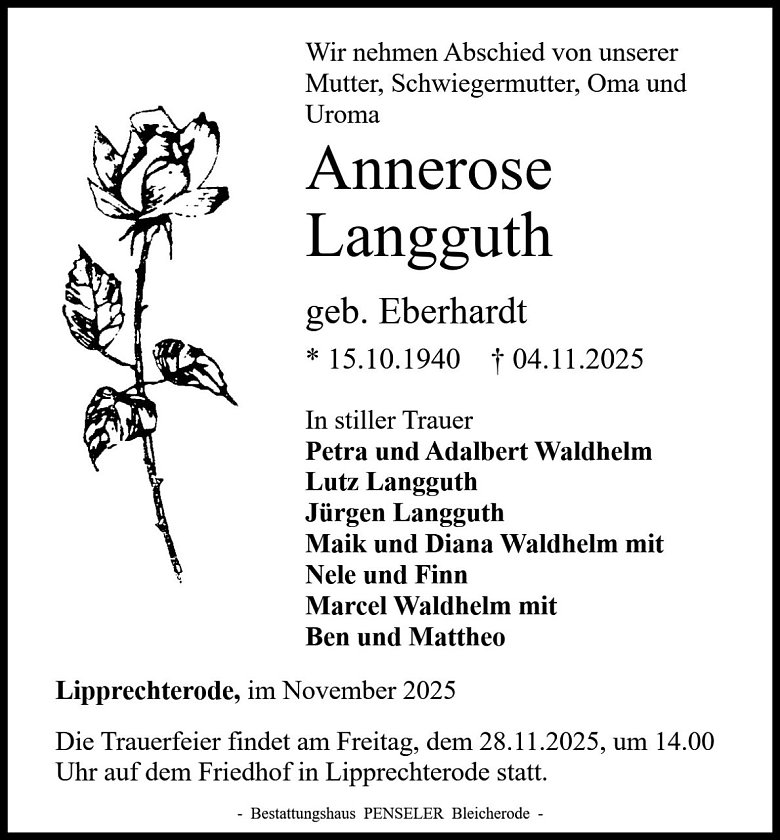 Traueranzeige Annerose Langguth (Foto: Bestattungshaus PENSELER)