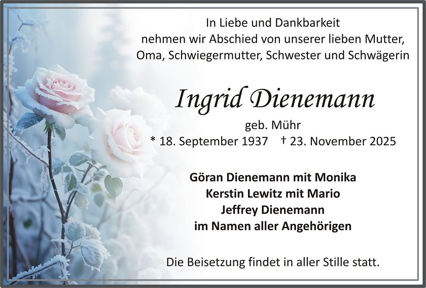 Traueranzeige Ingrid Dienemann (Foto: keine Angaben)