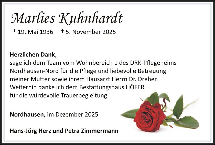 Dankanzeige Marlies Kuhnhardt (Foto: keine Angaben)