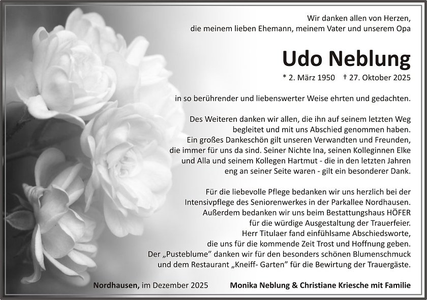 Dankanzeige Udo Neblung (Foto: keine Angaben)