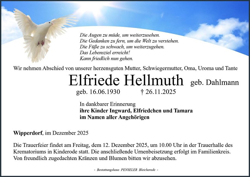 Traueranzeige Elfriede Hellmuth (Foto: Bestattungshaus PENSELER)