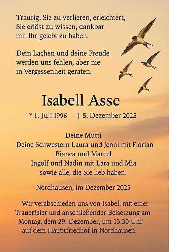 Traueranzeige Isabell Asse (Foto: keine Angaben)