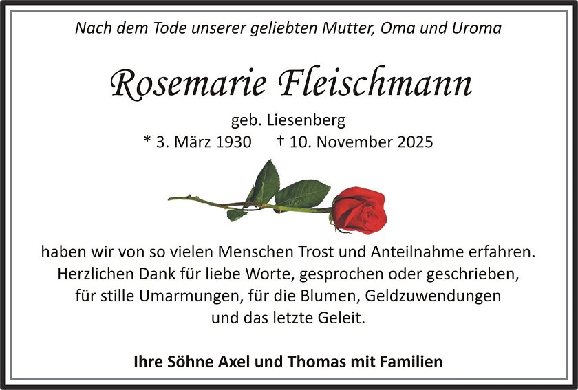Dankanzeige Rosemarie Fleischmann (Foto: keine Angaben)