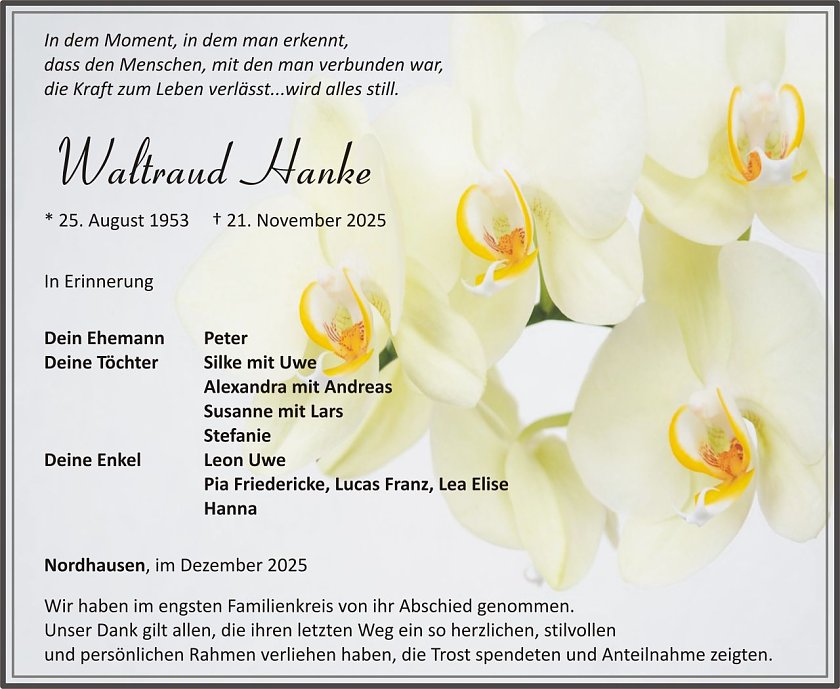 Traueranzeige Waltraud Hanke (Foto: keine Angaben)