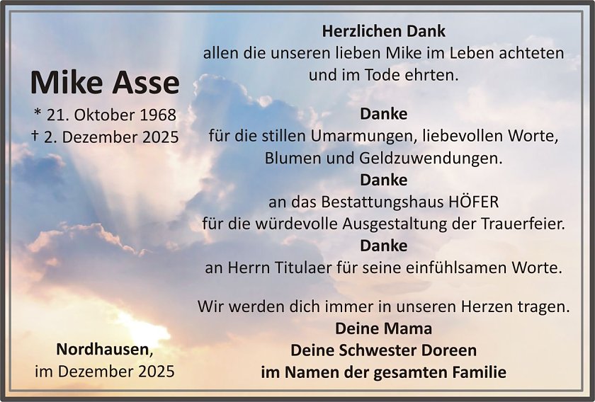 Dankanzeige Mike Asse (Foto: keine Angaben)