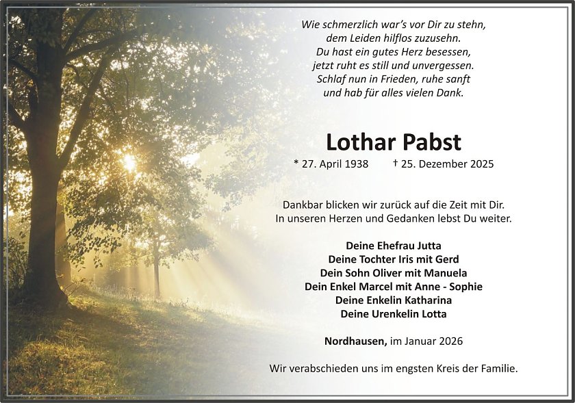 Traueranzeige Lothar Pabst (Foto: keine Angaben)