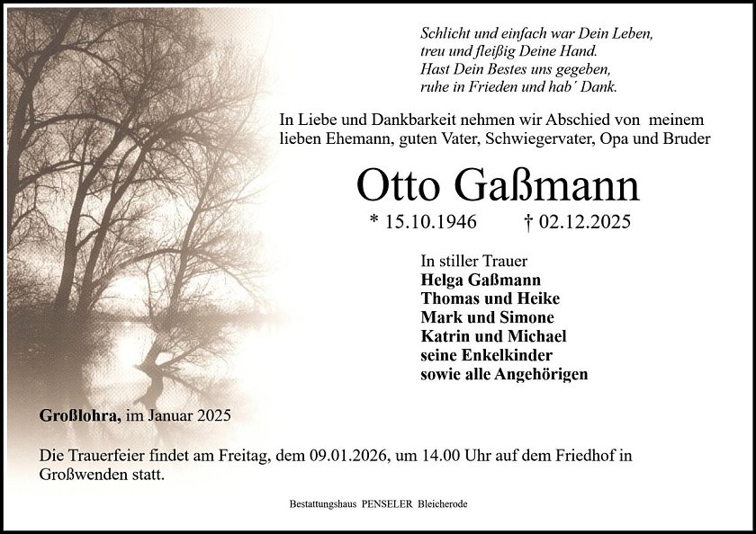 Traueranzeige Otto Ga&szlig;mann (Foto: Bestattungshaus PENSELER)