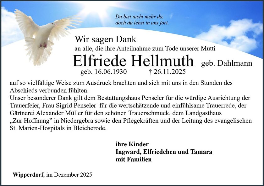 Danksagung im Trauerfall Frau Elfriede Hellmuth (Foto: Bestattungshaus PENSELER)