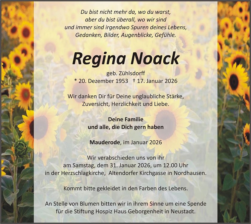 Traueranzeige Regina Noack (Foto: H&Ouml;FER)