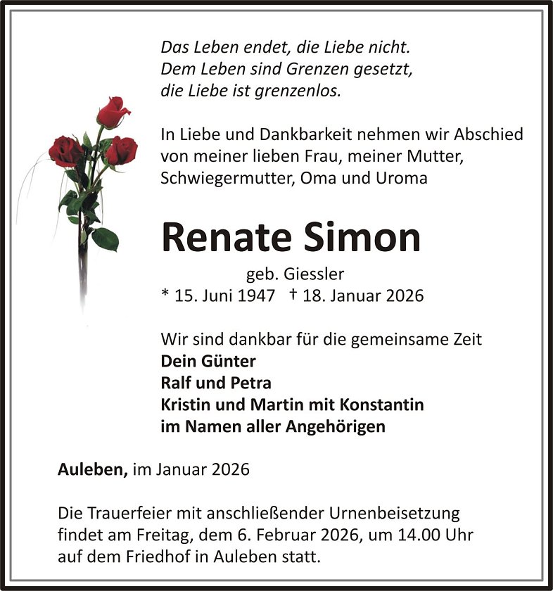 Traueranzeige Renate Simon (Foto: H&Ouml;FER)