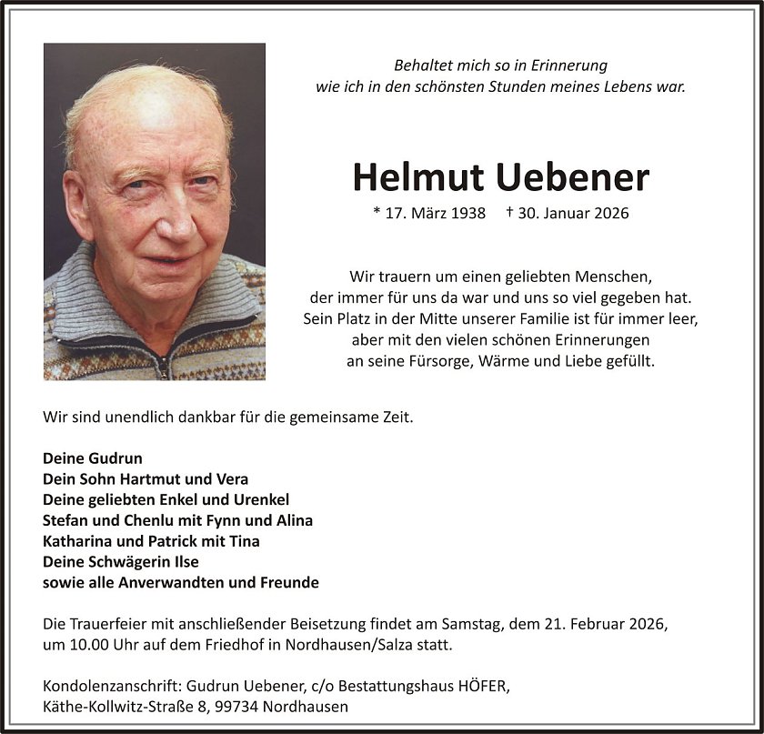 Traueranzeige Helmut Uebener (Foto: keine Angaben)