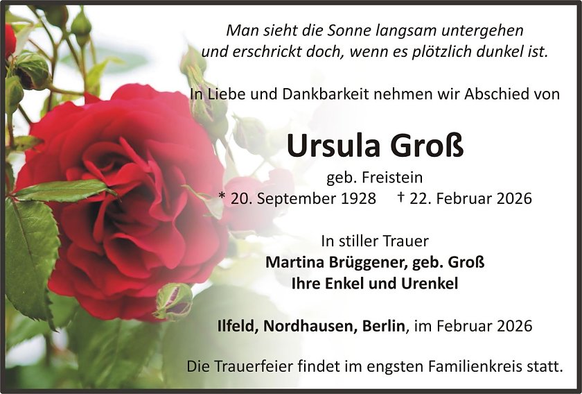 Traueranzeige Ursula Gro&szlig; (Foto: keine Angaben)