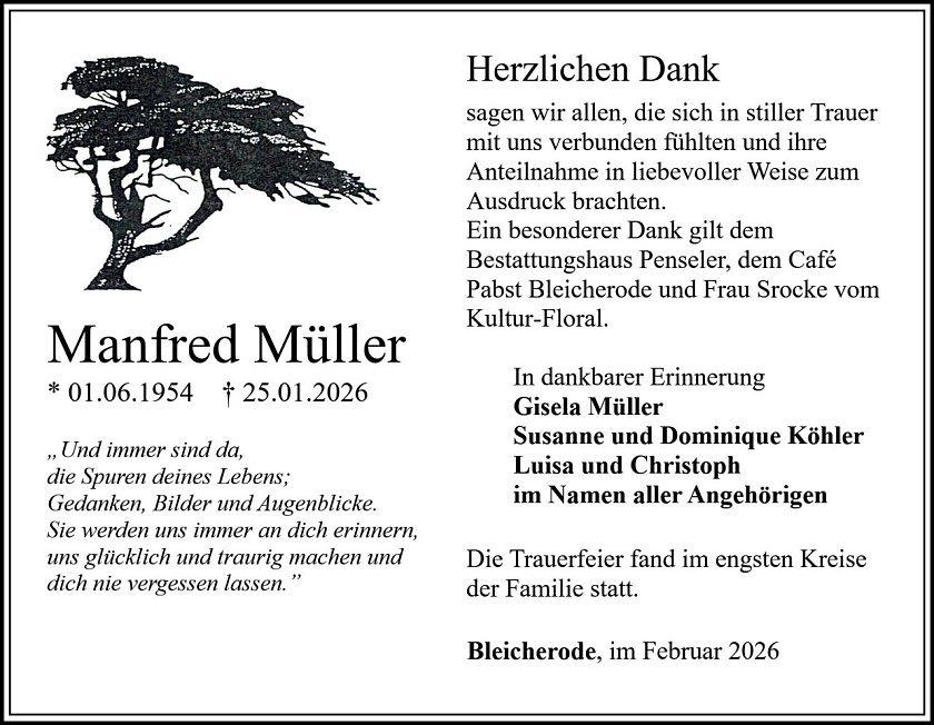Danksagung im Trauerfall Manfred M&uuml;ller (Foto: Bestattungshaus PENSELER)