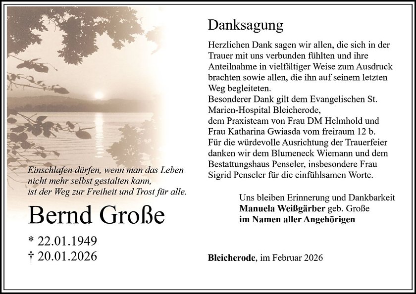 Danksagung im Trauerfall Bernd Gro&szlig;e (Foto: Bestattungshaus PENSELER)