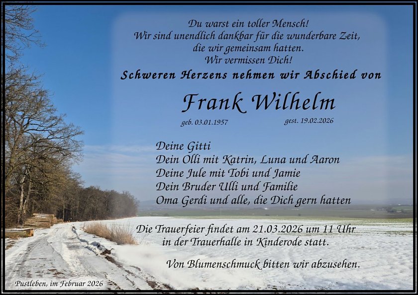 Traueranzeige im Sterbefall Frank Wilhelm (Foto: Bestattungshaus PENSELER)