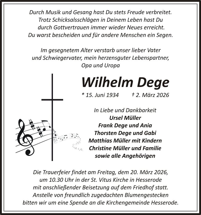 Traueranzeige Wilhelm Dege (Foto: keine Angaben)