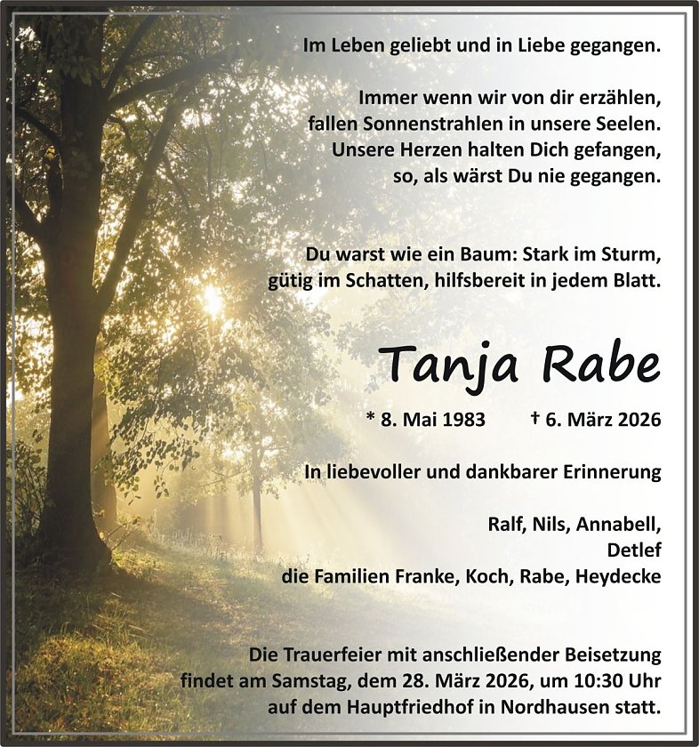Traueranzeige Tanja Rabe (Foto: keine Angaben)