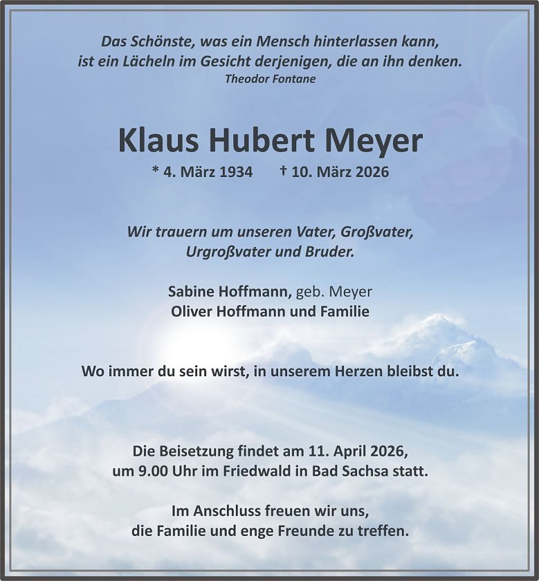 Traueranzeige Klaus Hubert Meyer (Foto: H&Ouml;FER)