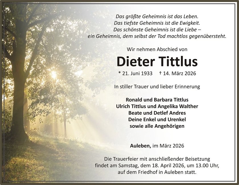 Traueranzeige Dieter Tittlus (Foto: keine Angaben)