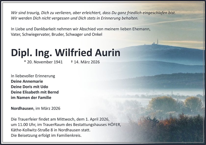 Traueranzeige Wilfried Aurin (Foto: keine Angaben)