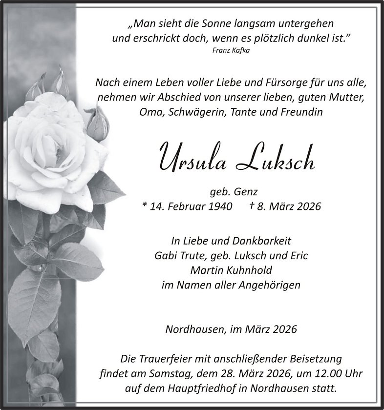 Traueranzeige Ursula Luksch (Foto: keine Angaben)