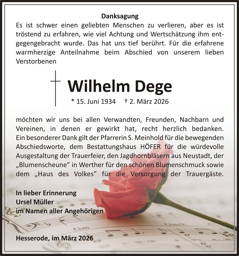 Dankanzeige Wilhelm Dege (Foto: keine Angaben)