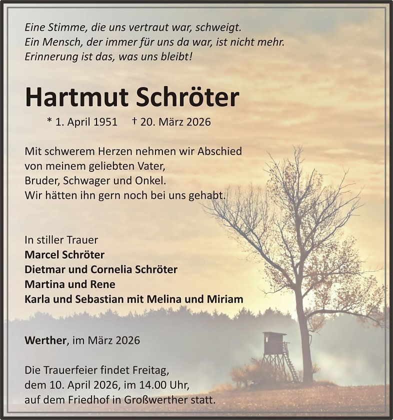 Traueranzeige Hartmut Schr&ouml;ter (Foto: keine Angaben)