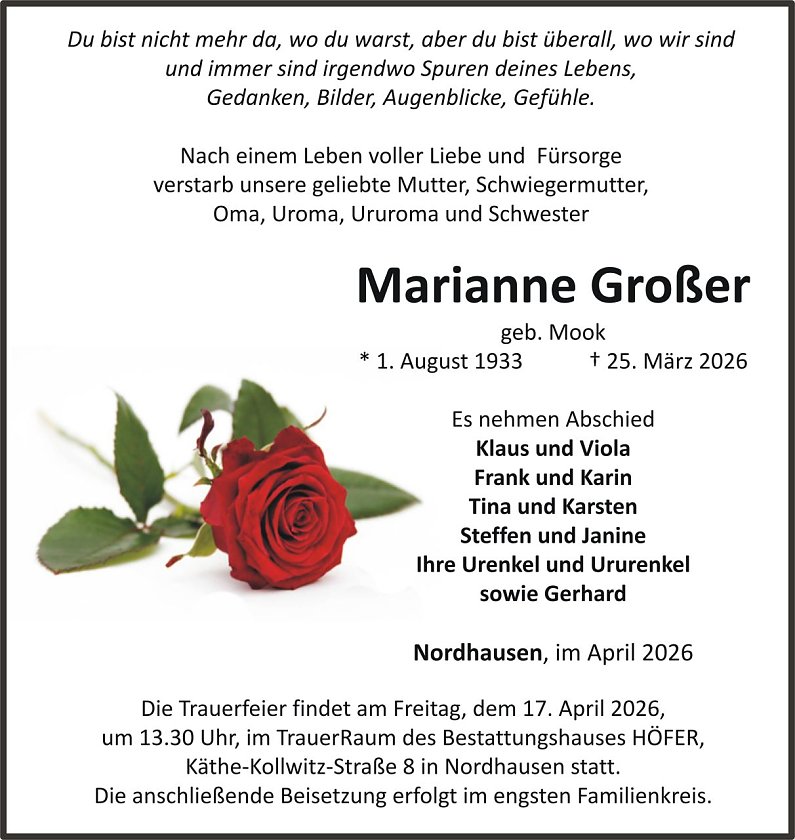 Traueranzeige Marianne Gro&szlig;er (Foto: keine Angaben)