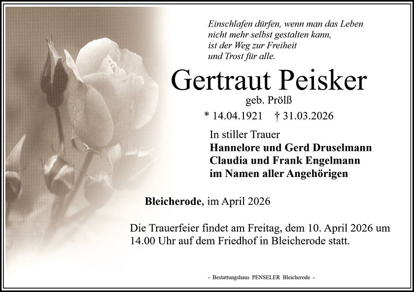 Traueranzeige Gertraut Peisker (Foto: Bestattungshaus PENSELER)