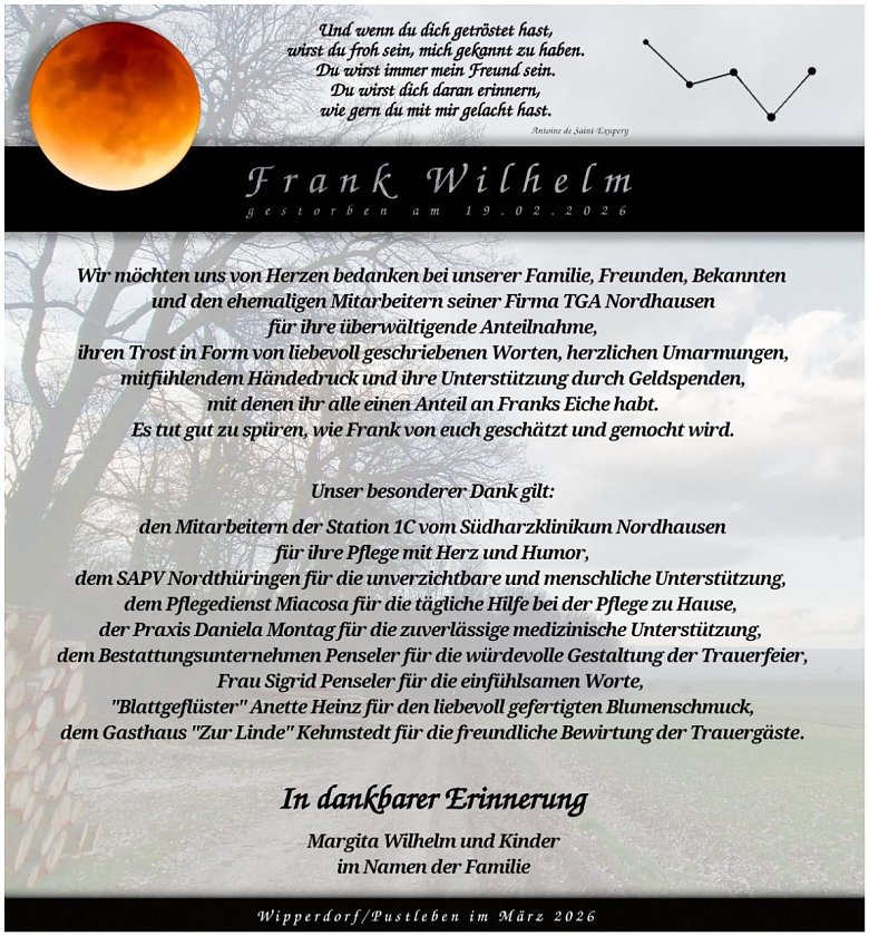 Danksagung im Trauerfall Frank Wilhelm (Foto: Bestattungshaus PENSELER)