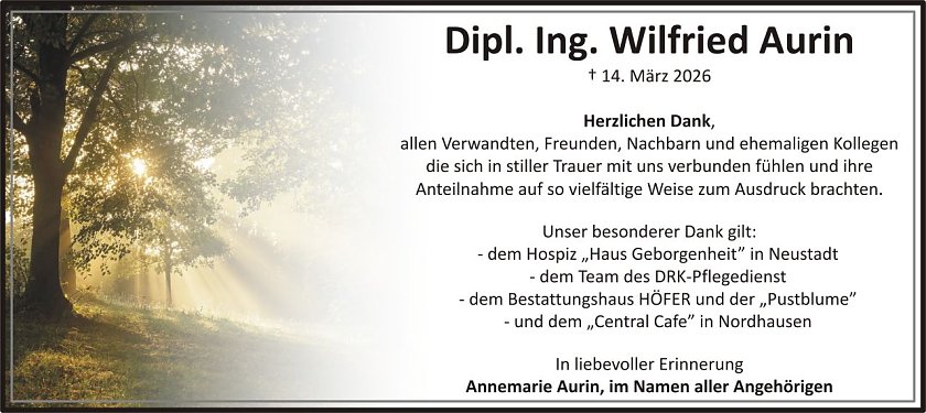 Dankanzeige Dipl. Ing. Wilfried Aurin (Foto: keine Angaben)