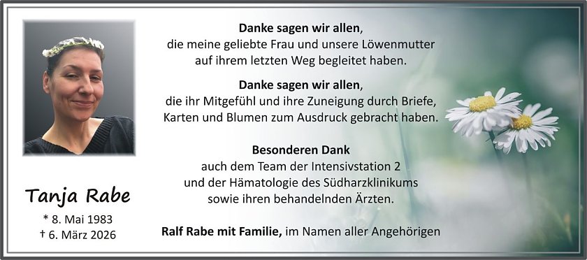 Dankanzeige Tanja Rabe (Foto: keine Angaben)