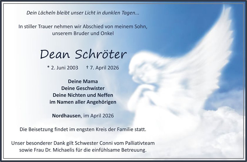 Traueranzeige Dean Schr&ouml;ter (Foto: keine Angaben)