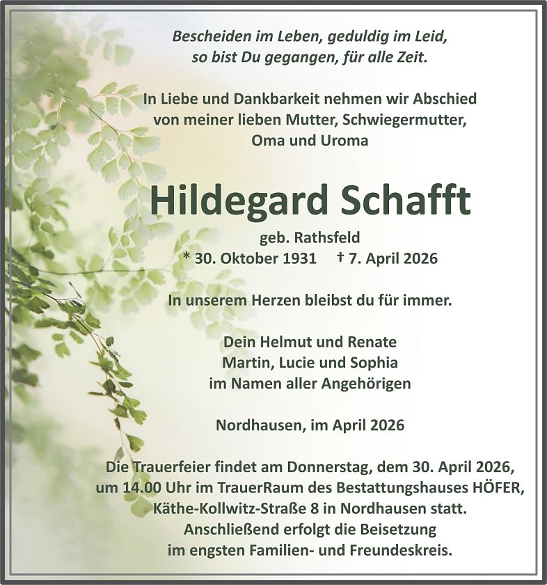 Traueranzeige Hildegard Schafft (Foto: keine Angaben)