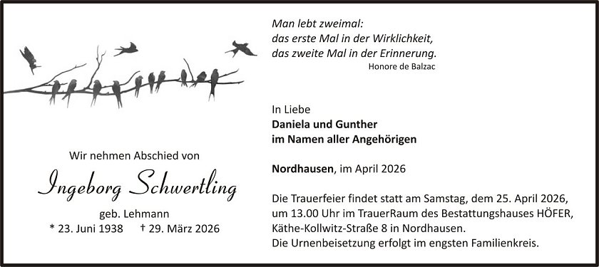 Traueranzeige Ingeborg Schwertling (Foto: keine Angaben)