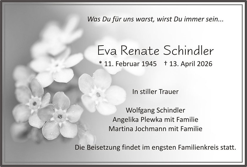 Traueranzeige Eva Renate Schindler (Foto: keine Angaben)