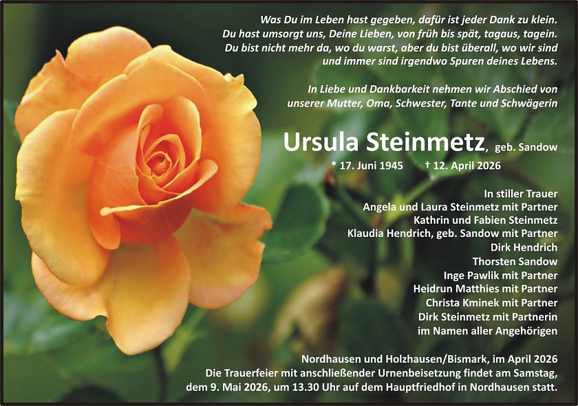 Traueranzeige Ursula Steinmetz (Foto: keine Angaben)