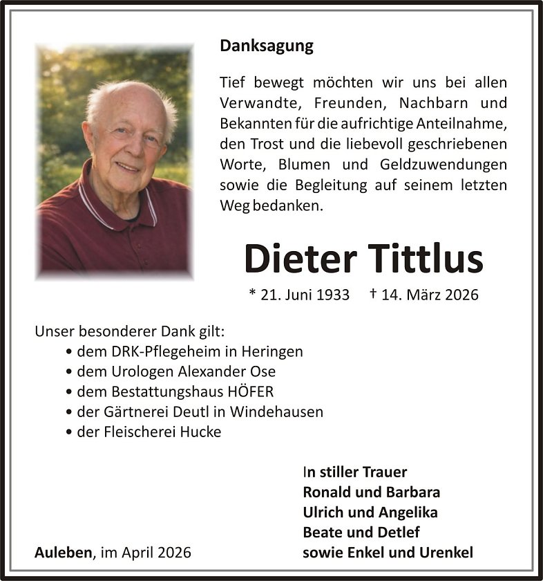 Dankanzeige Dieter Tittlus (Foto: keine Angaben)