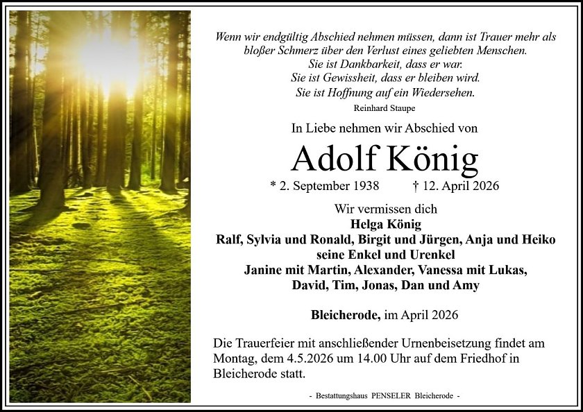 Traueranzeige Adolf K&ouml;nig (Foto: Bestattungshaus PENSELER)